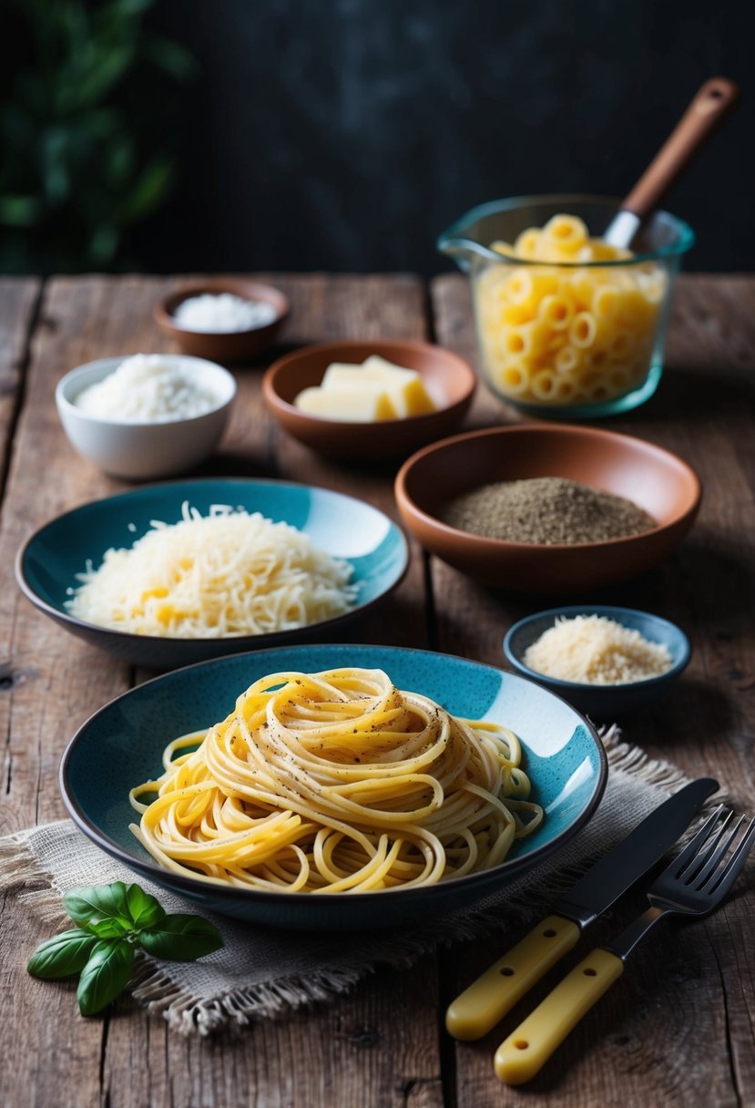 A rustic kitchen table set with ingredients for making Cacio e Pepe, including pasta, cheese, and pepper