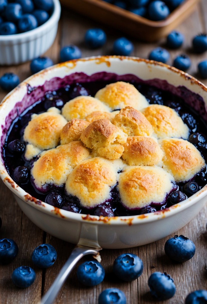 A bubbling blueberry cobbler sits in a rustic baking dish, topped with a crispy golden crust and surrounded by fresh blueberries