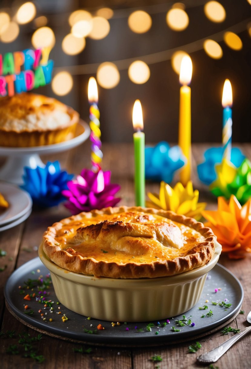 A rustic kitchen table with a golden-brown chicken pot pie fresh from the oven, surrounded by colorful birthday decorations and a flickering candle