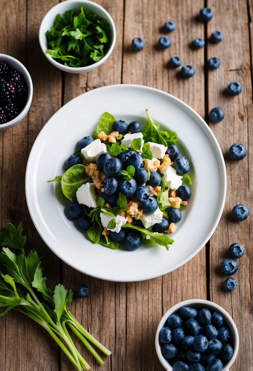 A rustic wooden table with a white plate holding a vibrant blueberry and goat cheese salad, surrounded by fresh ingredients and a scattering of blueberries