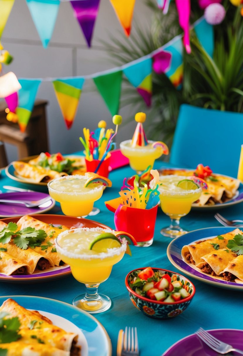 A table set with colorful enchiladas, vibrant margaritas, and festive birthday decorations