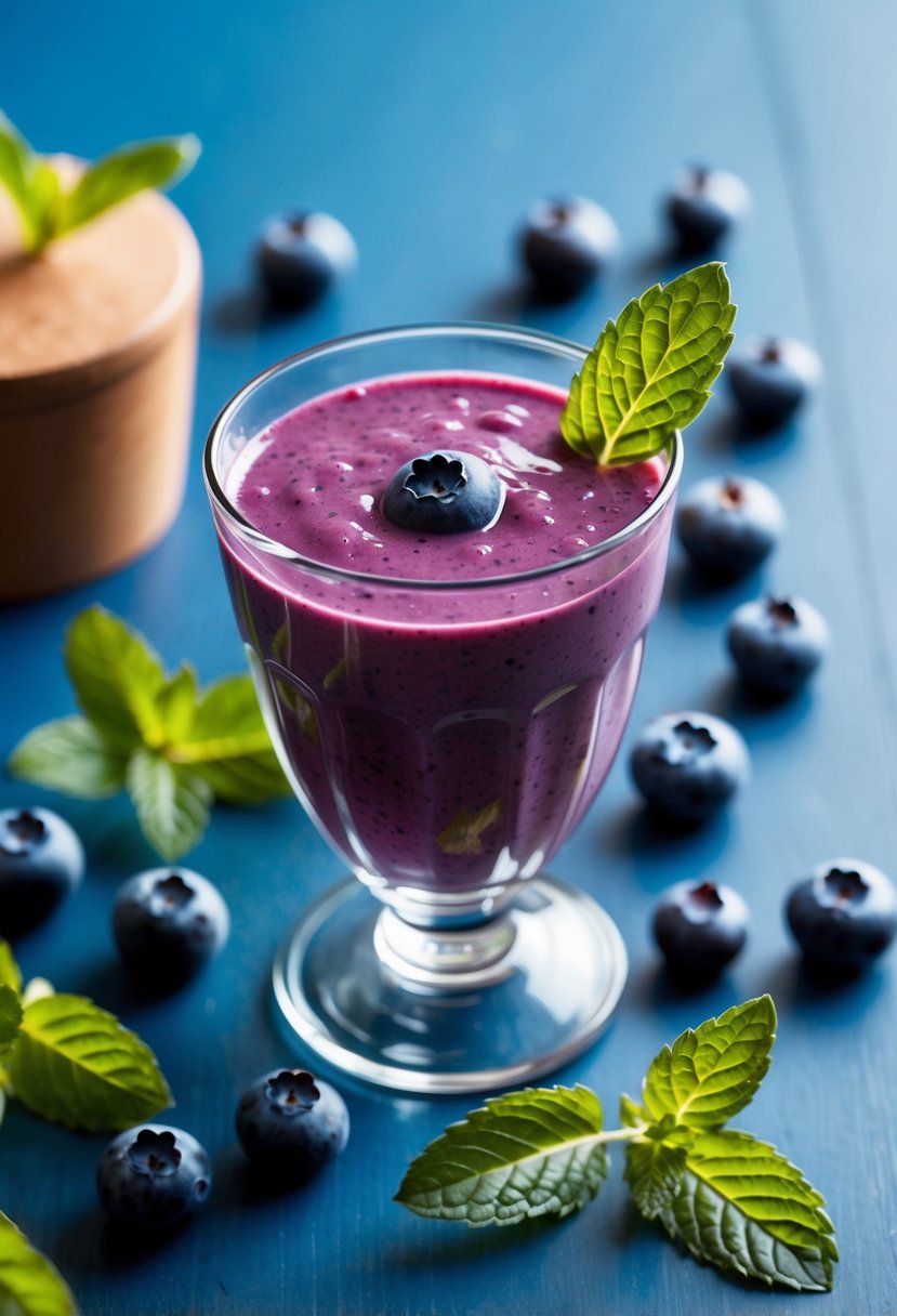 A glass of blueberry smoothie surrounded by fresh blueberries and mint leaves