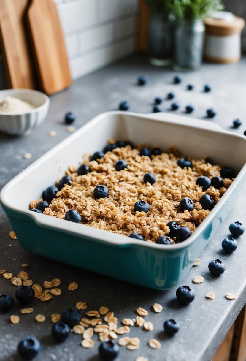 A rustic kitchen counter with scattered blueberries, oats, and a crumbly mixture, ready to be pressed into a baking dish