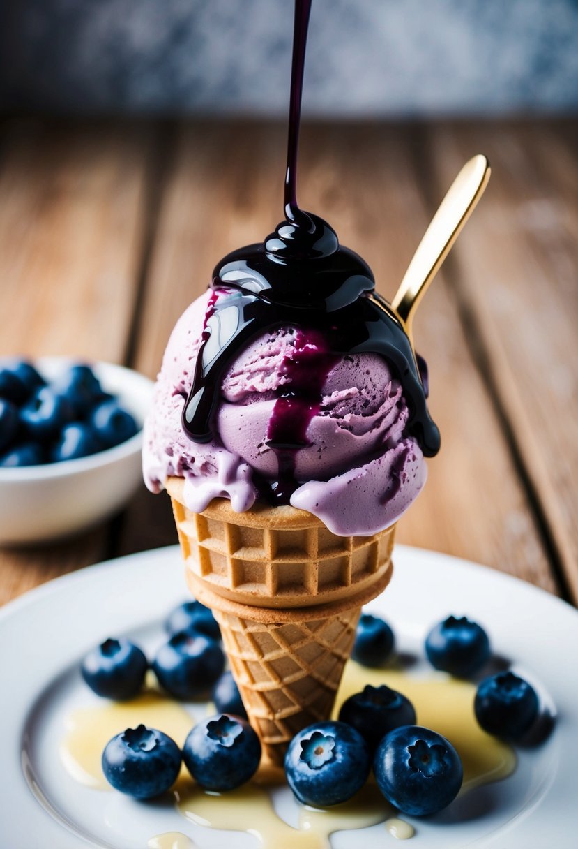 A scoop of blueberry ice cream surrounded by fresh blueberries and a drizzle of blueberry syrup on a waffle cone