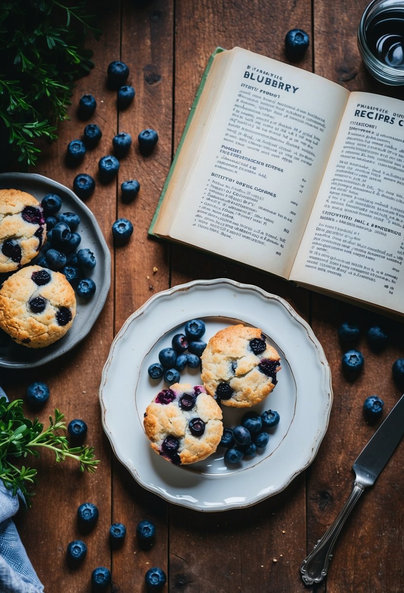 A rustic kitchen table with a plate of freshly baked blueberry scones, surrounded by scattered blueberries and a vintage recipe book open to a page of blueberry recipes