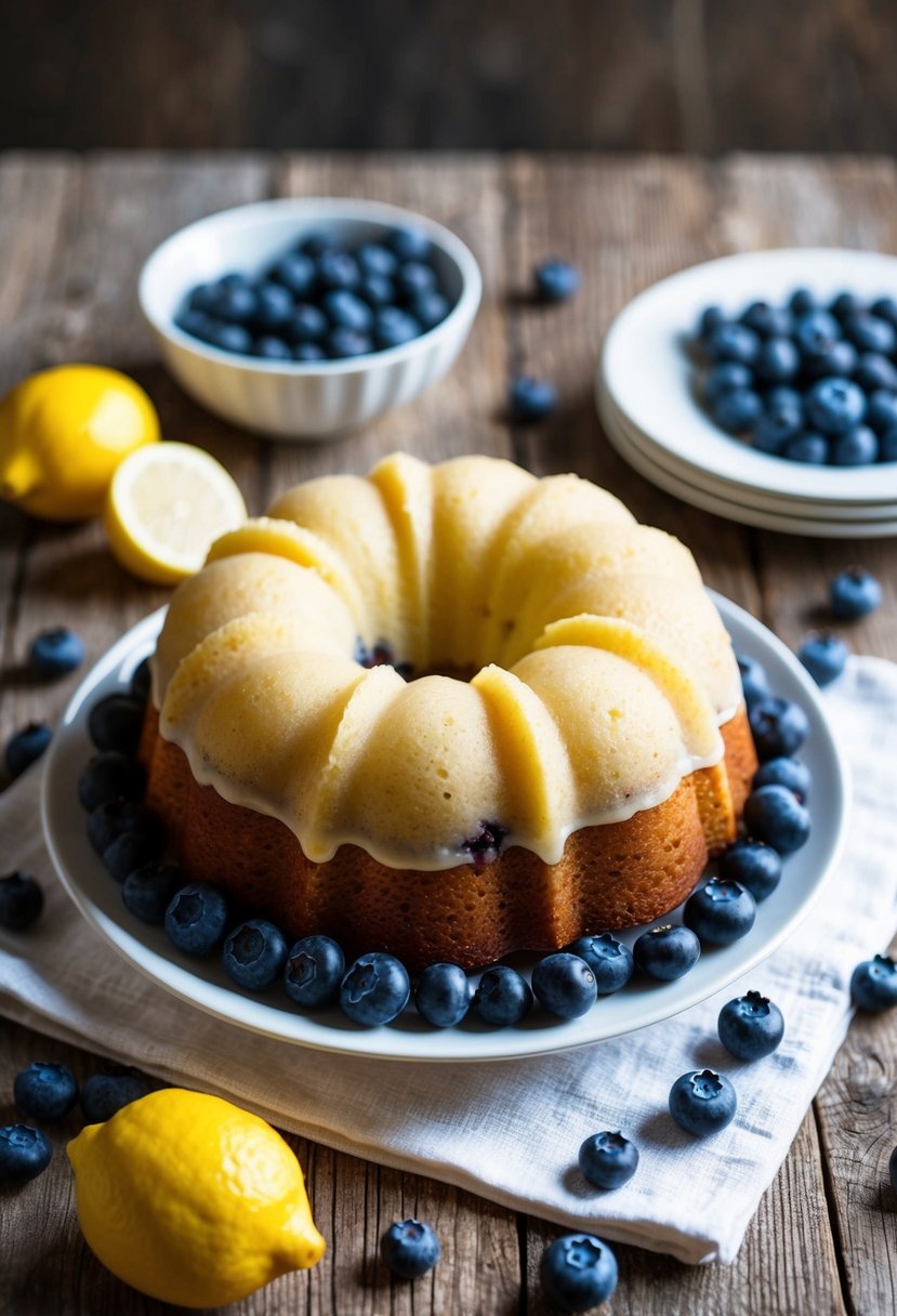 A lemon blueberry bundt cake surrounded by fresh blueberries and lemon slices on a rustic wooden table