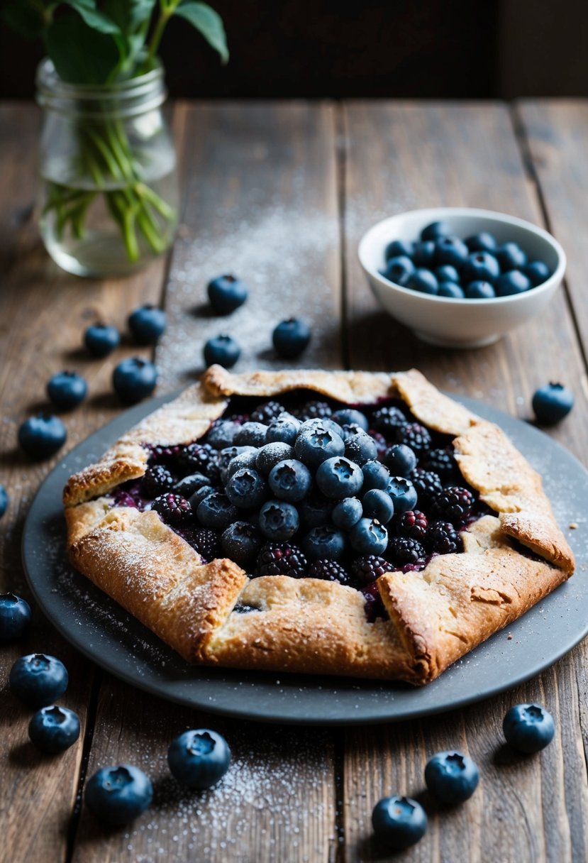 A rustic blueberry galette sits on a wooden table, surrounded by fresh blueberries and a scattering of sugar