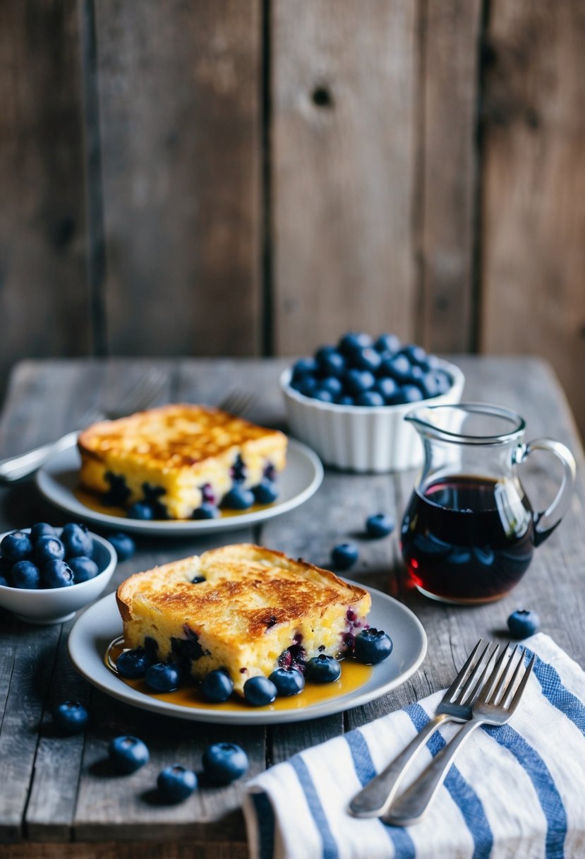 A rustic kitchen table set with a blueberry French toast casserole, fresh blueberries, and a pitcher of syrup