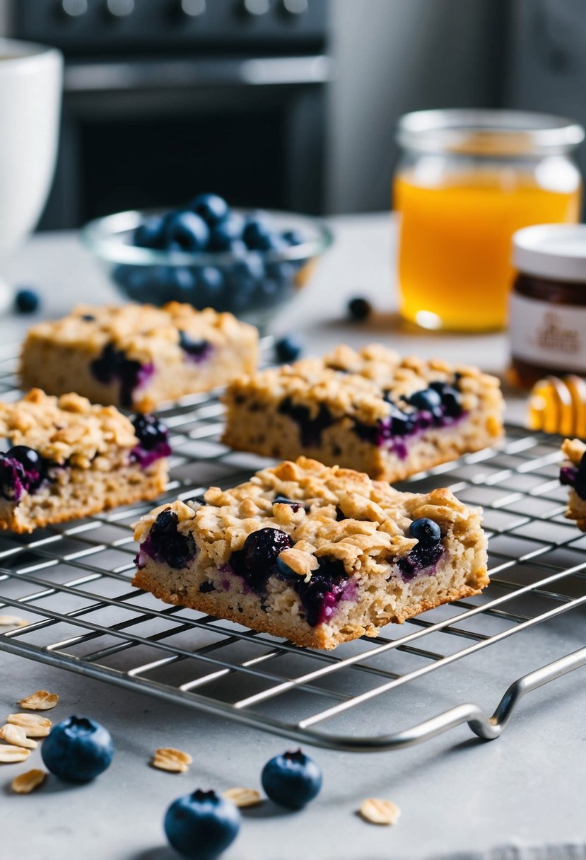 A kitchen counter with freshly baked blueberry oatmeal breakfast bars cooling on a wire rack. Ingredients like blueberries, oats, and honey are scattered around