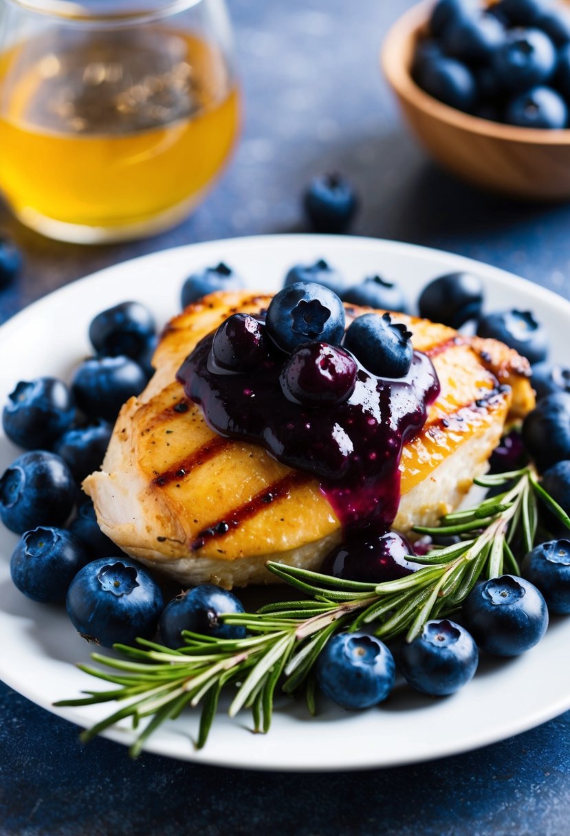 A plate of grilled chicken topped with a vibrant blueberry sauce, surrounded by fresh blueberries and garnished with rosemary sprigs