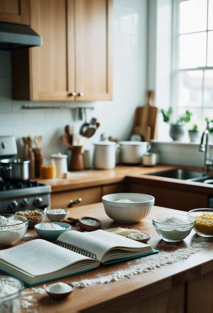 A cluttered kitchen counter with open recipe books, scattered flour, and various baking ingredients