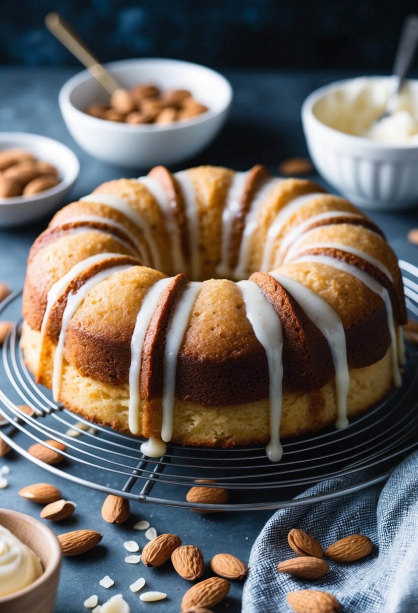 A moist vanilla almond cake cooling on a wire rack, surrounded by scattered almonds and a bowl of vanilla frosting