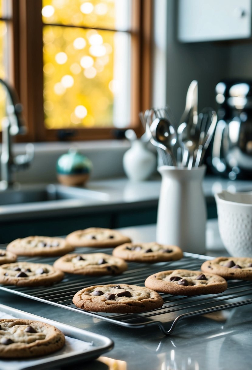 A kitchen counter with ingredients and utensils for baking chewy chocolate chip cookies