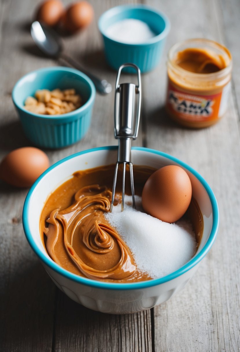 A mixing bowl with peanut butter, sugar, and an egg