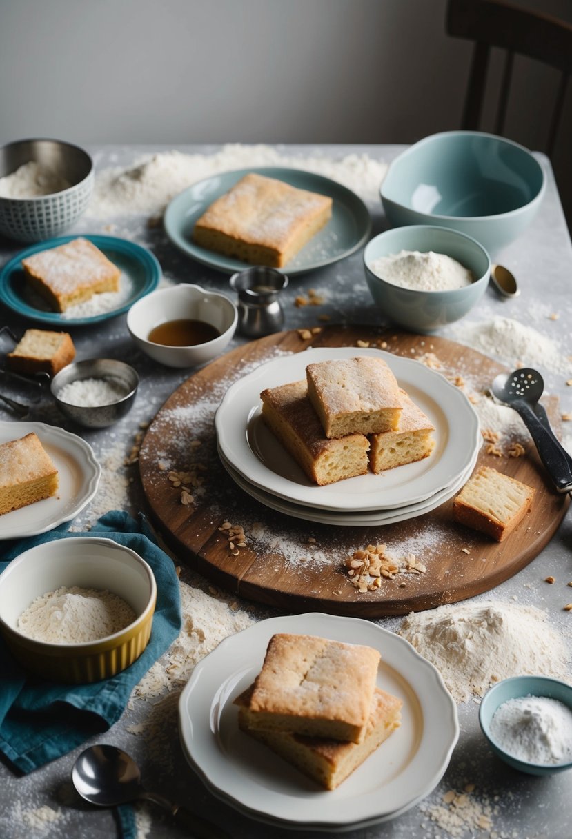 A table covered with freshly baked recipes, surrounded by scattered flour and baking utensils