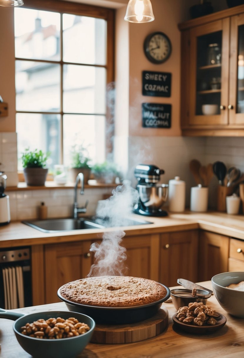 A cozy bakery kitchen filled with the warm aroma of freshly baked sweet walnut cozonac, with ingredients and utensils neatly arranged on the counter