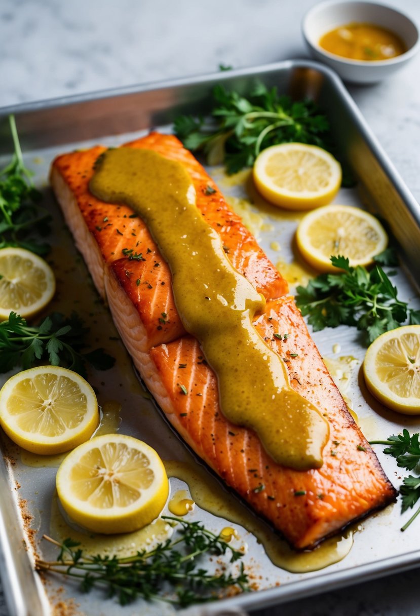 A golden-brown glazed salmon fillet with honey mustard sauce, surrounded by fresh herbs and lemon slices on a baking sheet