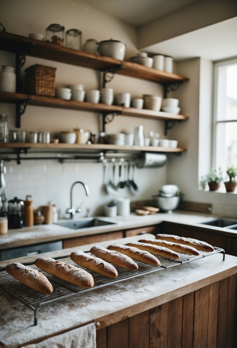 A rustic bakery kitchen with flour-dusted countertops, vintage baking tools, and freshly baked baguettes cooling on wire racks