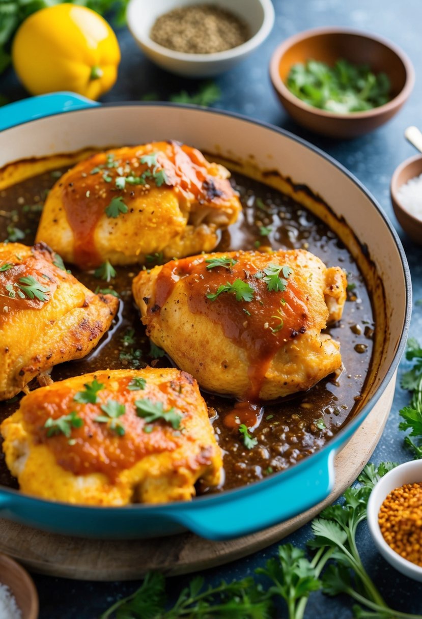 A sizzling Catalina Chicken dish with extra sauce, fresh out of the oven, surrounded by vibrant herbs and spices