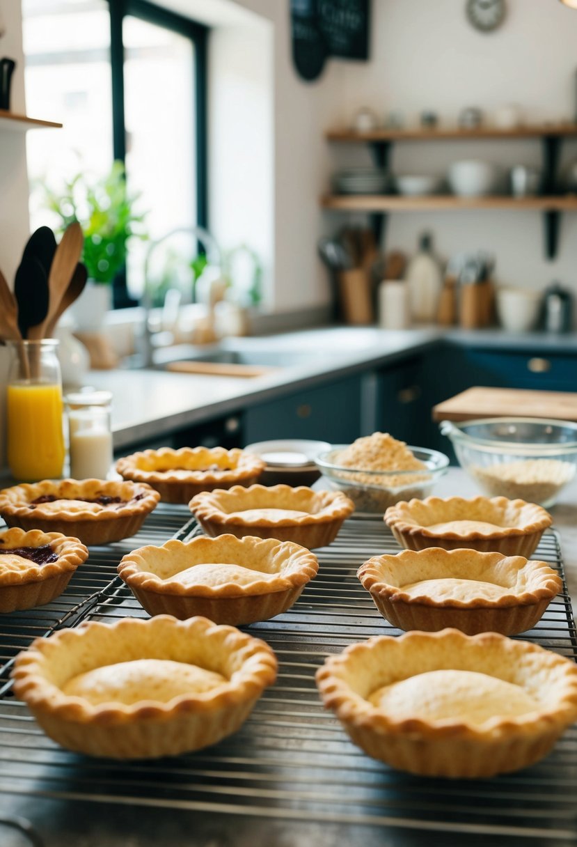 A cozy bakery kitchen with an assortment of flaky pastry pies cooling on wire racks. Ingredients and utensils are scattered on the counter