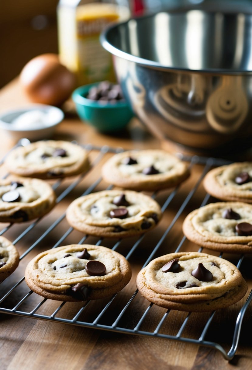 Freshly baked chocolate chip cookies cooling on a wire rack. A warm, inviting kitchen with a mixing bowl and ingredients in the background