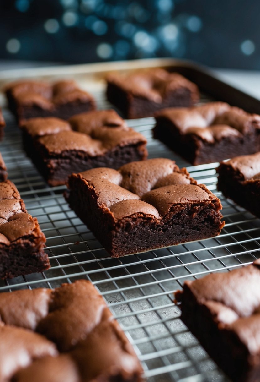 A tray of freshly baked gooey chocolate brownies cooling on a wire rack