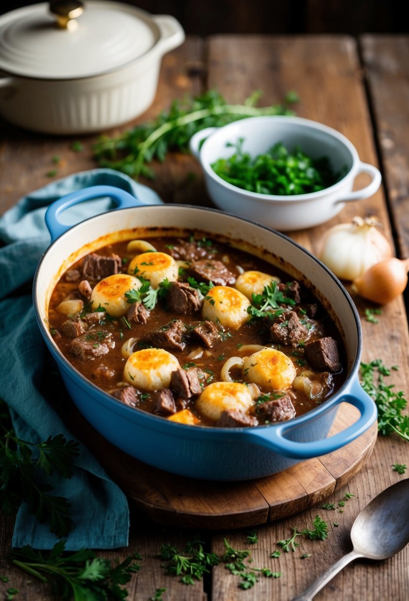 A bubbling French Onion Beef Casserole sits on a rustic wooden table, surrounded by scattered herbs and a vintage casserole dish