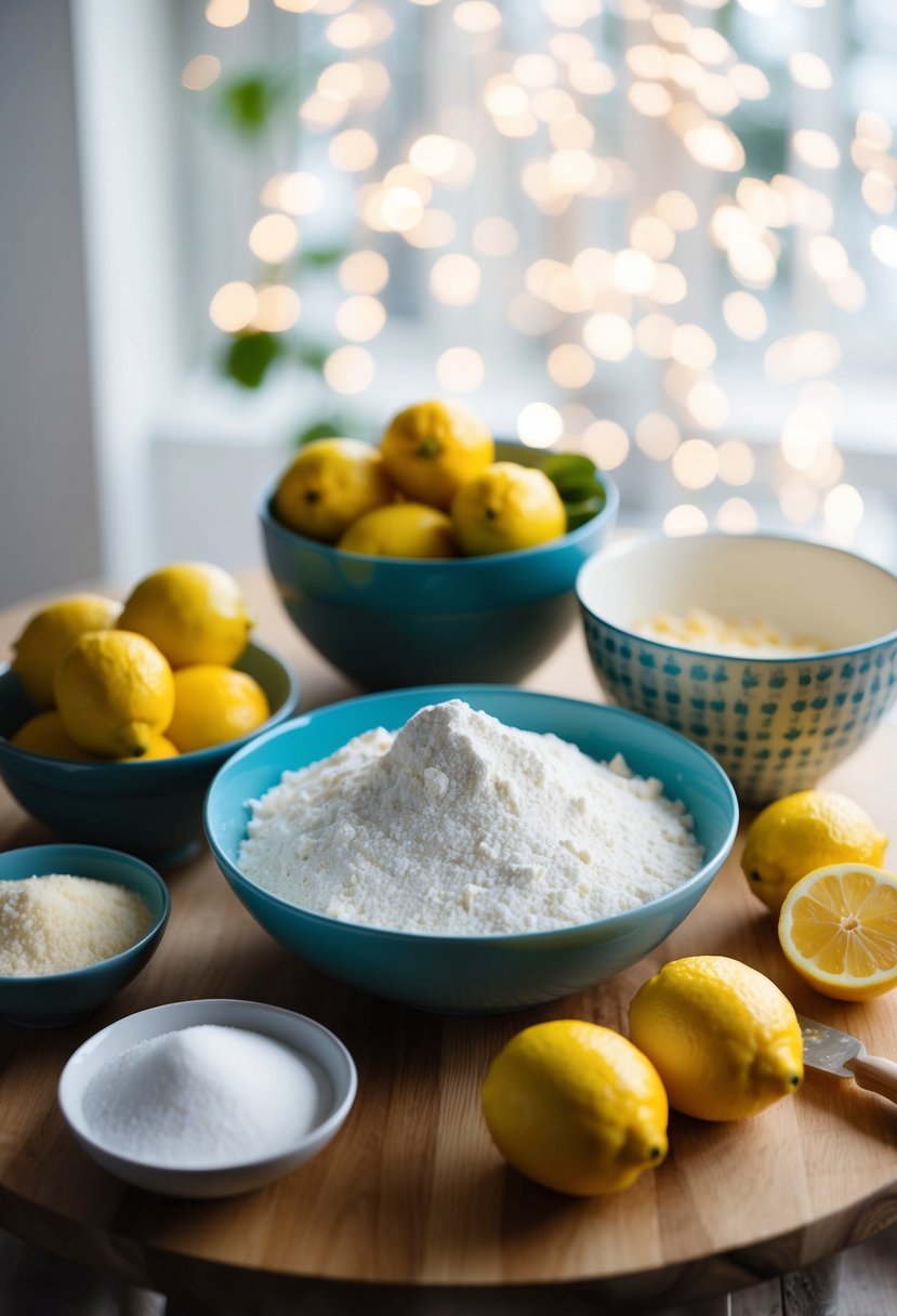 A table set with ingredients for Lemon Drizzle Cake, including lemons, flour, sugar, and a mixing bowl