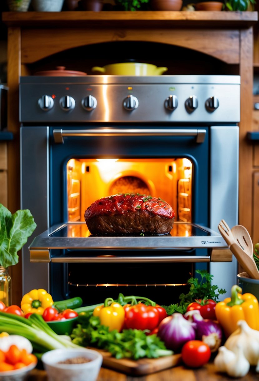 A vibrant kitchen scene with a rustic oven, a colorful array of fresh ingredients, and a sizzling meatloaf emerging from the oven