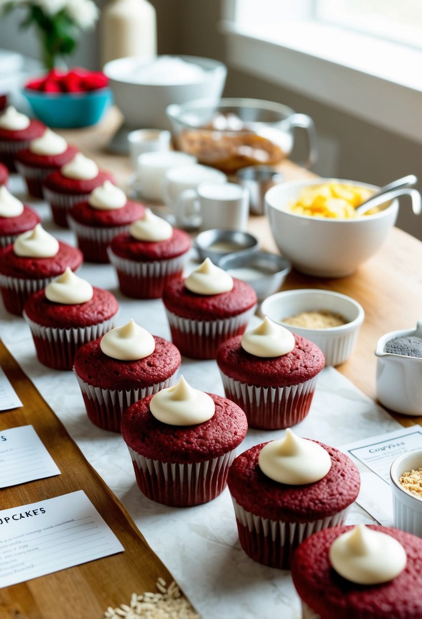 A table lined with rich red velvet cupcakes, surrounded by baking ingredients and recipe cards