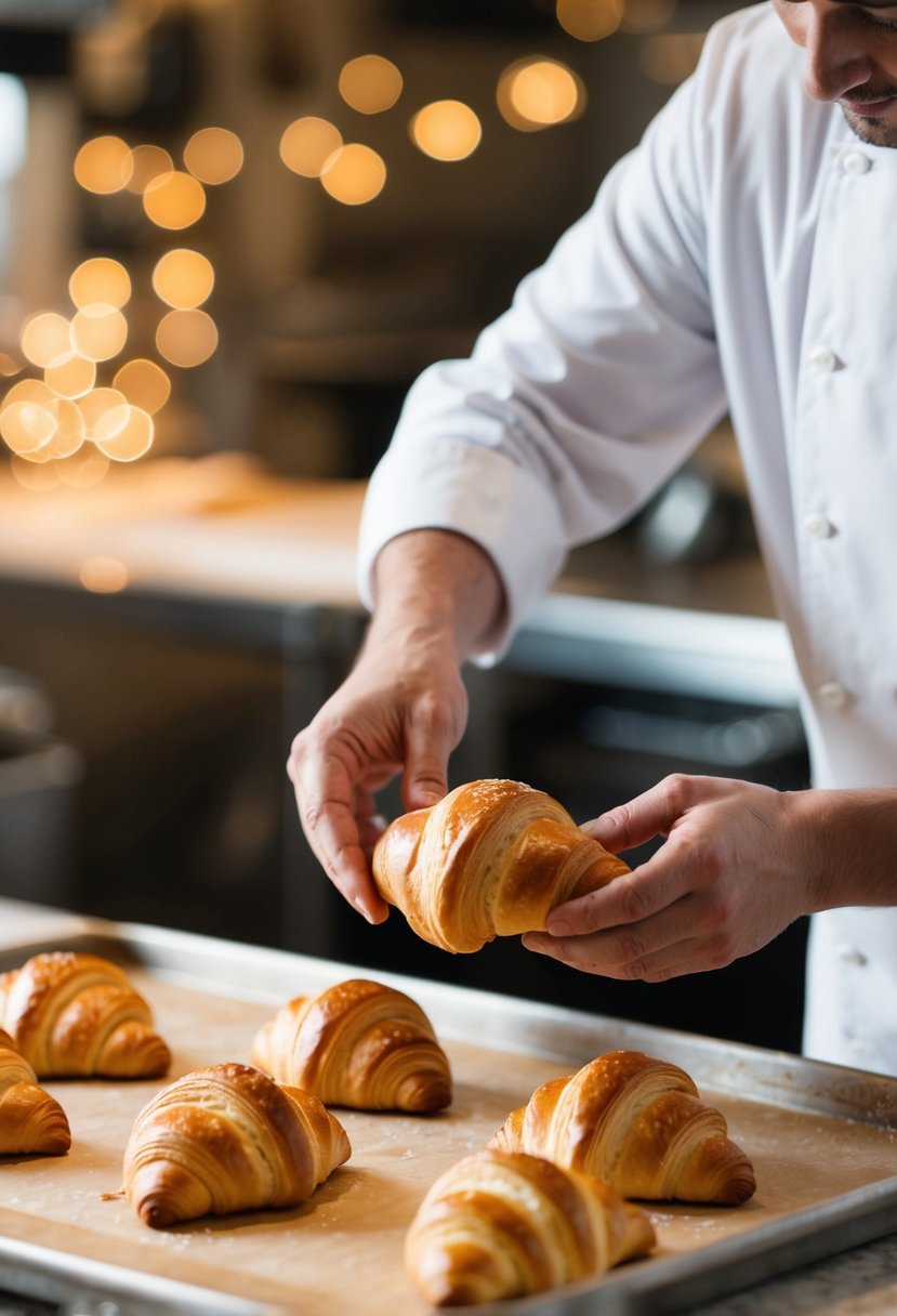 A baker carefully rolls out dough, shapes croissants, and places them on a baking tray. The warm, golden pastries are ready to be baked