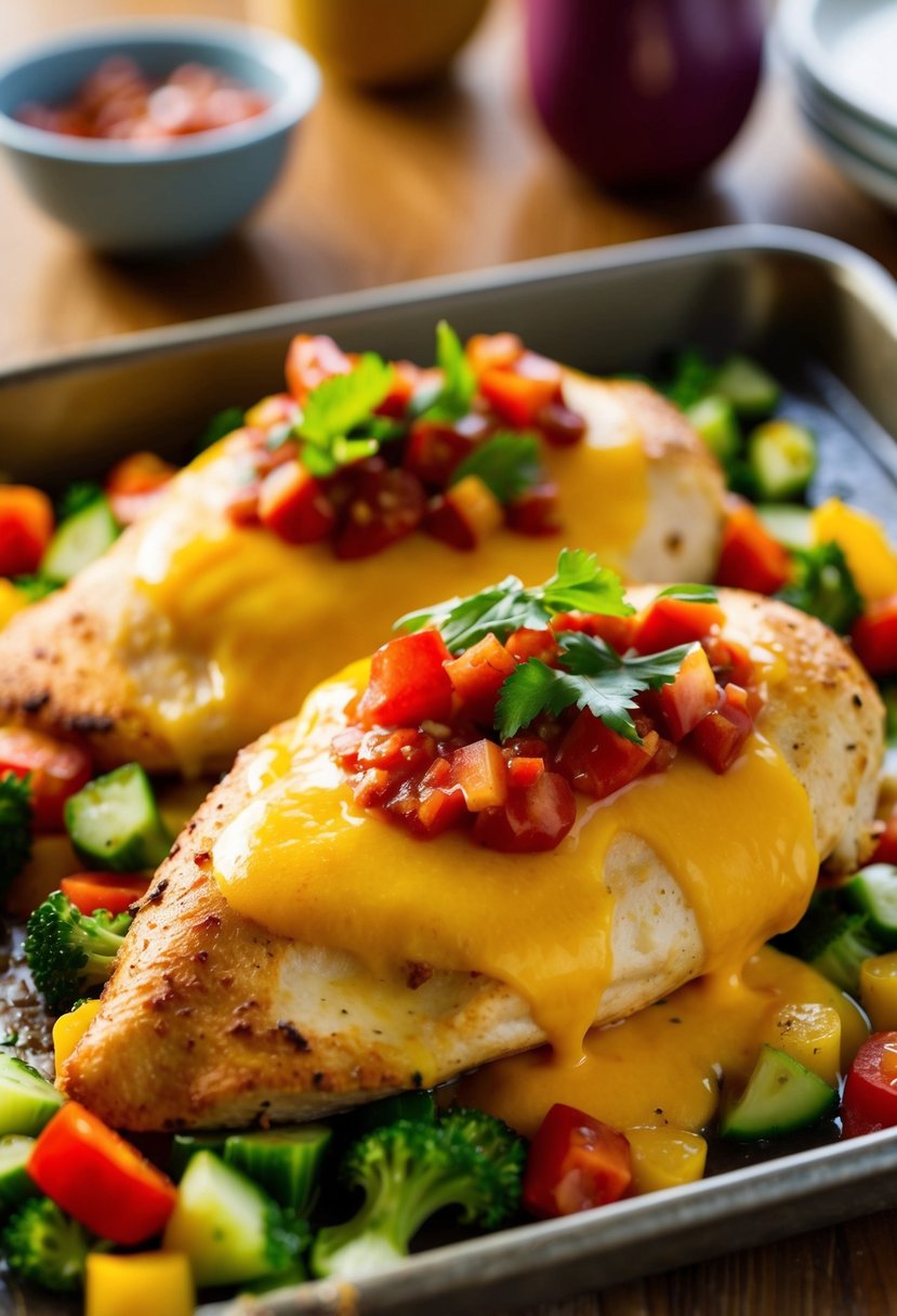 A golden-brown chicken breast covered in melted cheese and salsa, sitting on a bed of colorful vegetables on a baking tray