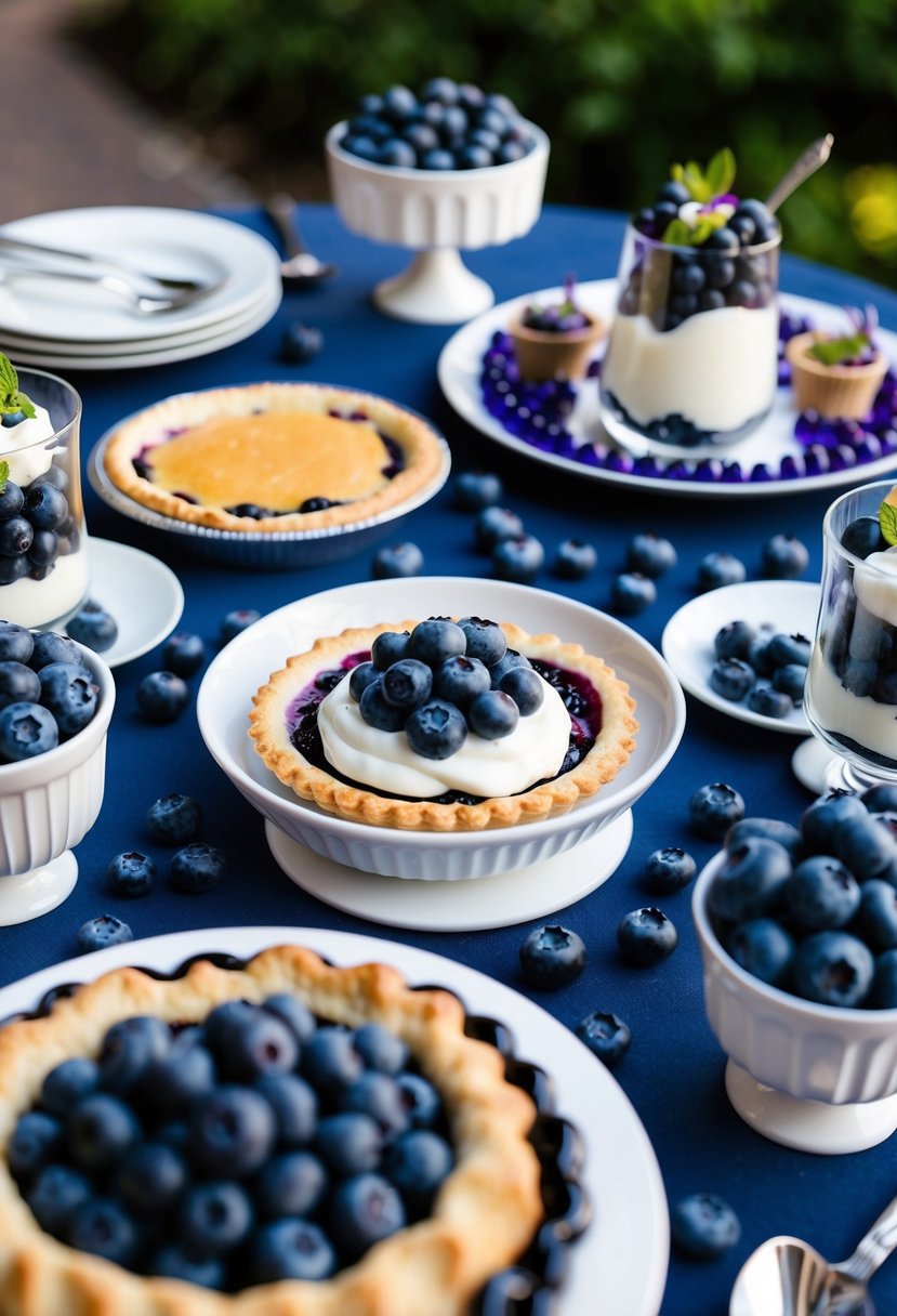 A table set with a variety of blueberry desserts, including pies, tarts, and parfaits, surrounded by fresh blueberries and decorative garnishes