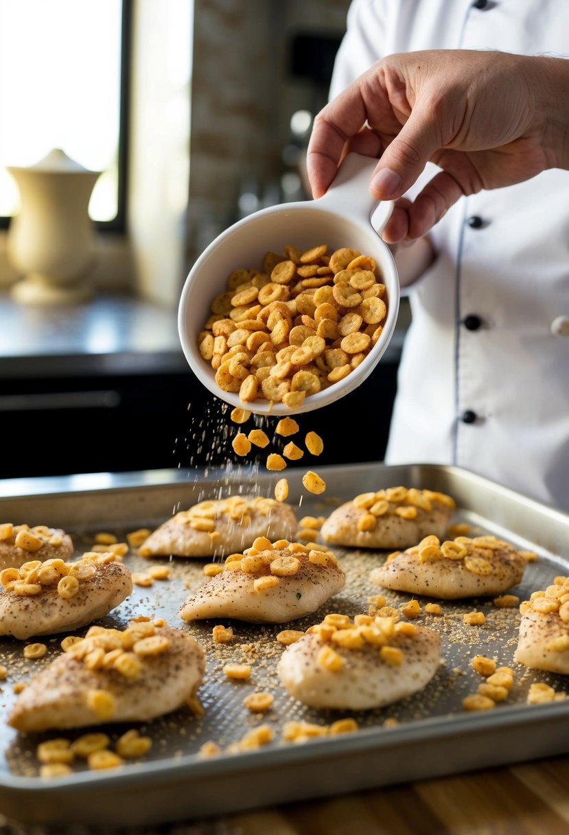 A chef sprinkles Captain Crunch cereal over a tray of seasoned chicken breasts before placing them in the oven