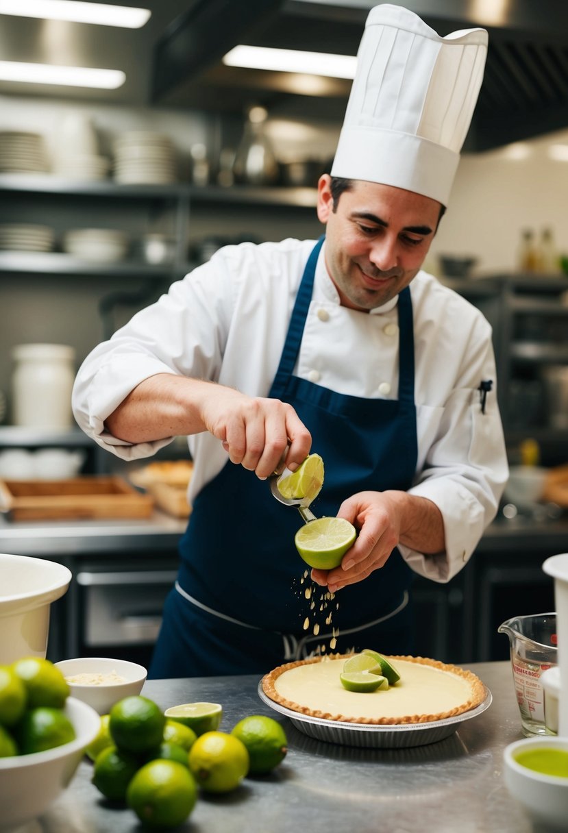 A bustling bakery kitchen, with a chef zestfully squeezing limes, measuring ingredients, and preparing to bake a delicious Key Lime Pie