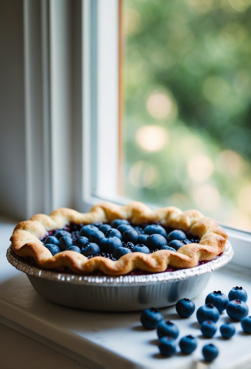 A rustic blueberry pie cooling on a windowsill, with golden crust and bursting with fresh blueberries