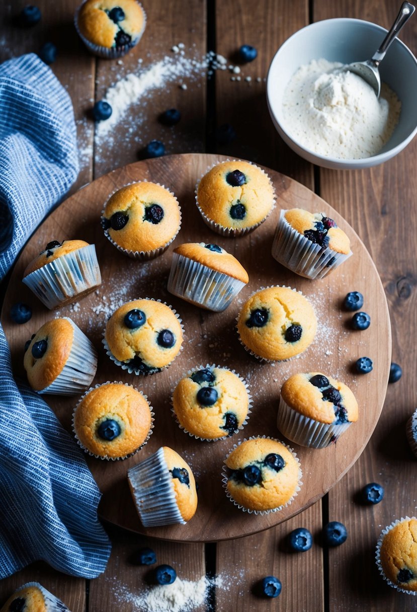 A rustic kitchen with a wooden table covered in freshly baked blueberry muffins, surrounded by scattered flour and a mixing bowl