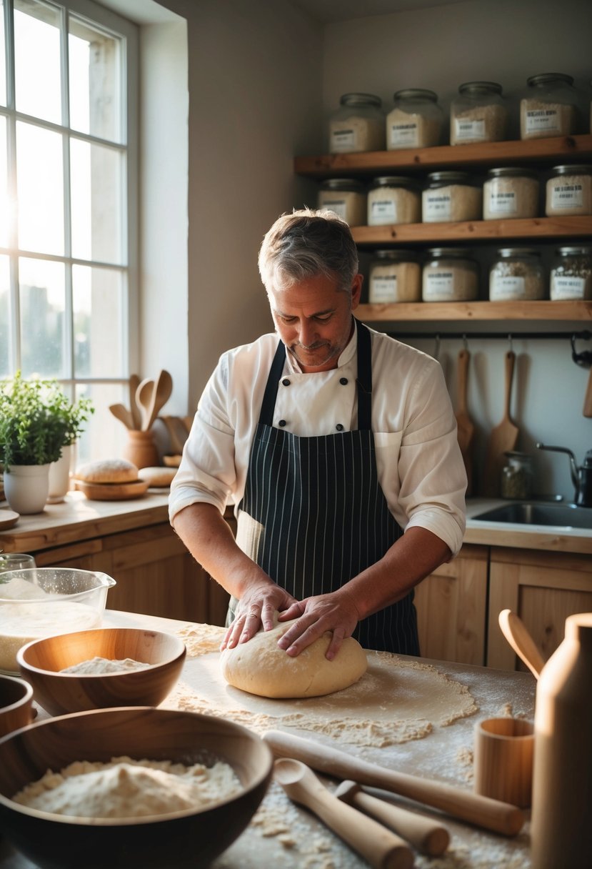 A baker kneads dough in a rustic kitchen, surrounded by flour, wooden utensils, and shelves of sourdough starter. Sunlight streams through a window, illuminating the traditional bread-making process