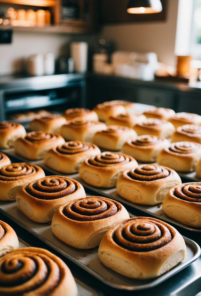 A warm bakery with trays of freshly baked cinnamon rolls cooling on the counter, surrounded by the sweet aroma of butter and spice