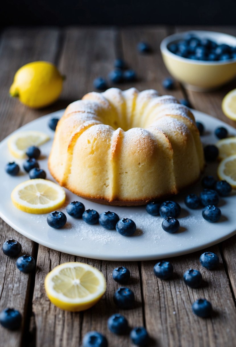 A freshly baked blueberry lemon pound cake sits on a rustic wooden table, surrounded by scattered blueberries and lemon slices