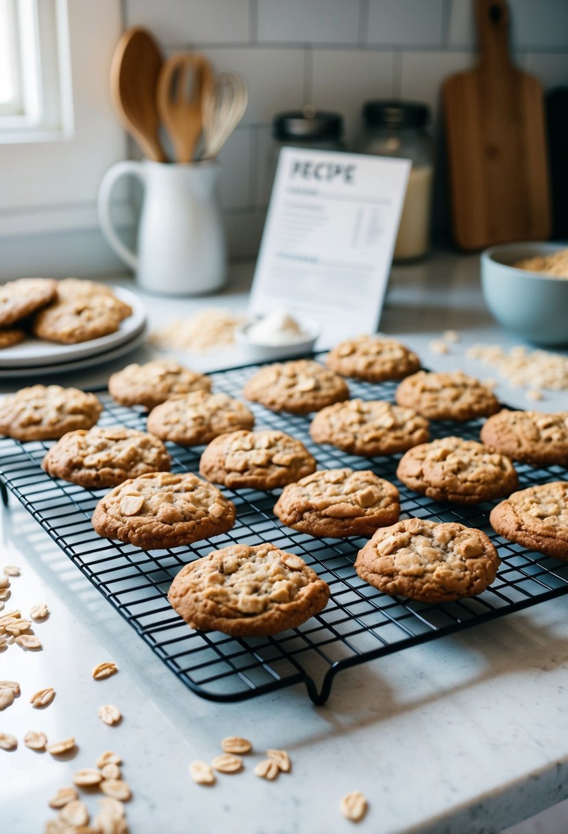 A kitchen counter with a cooling rack of freshly baked oatmeal cookies, surrounded by scattered ingredients and a recipe card