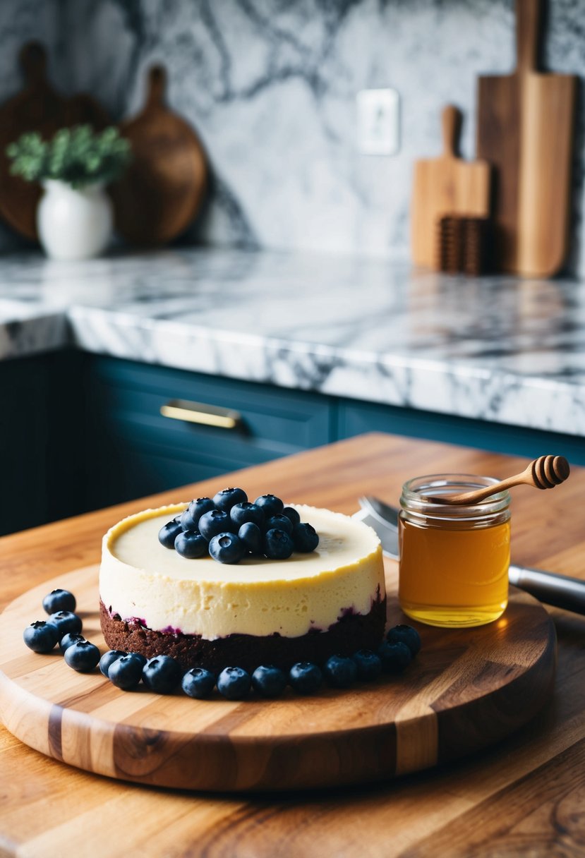 A rustic kitchen with a marble countertop. A no-bake blueberry cheesecake sits on a wooden cutting board, surrounded by fresh blueberries and a jar of honey