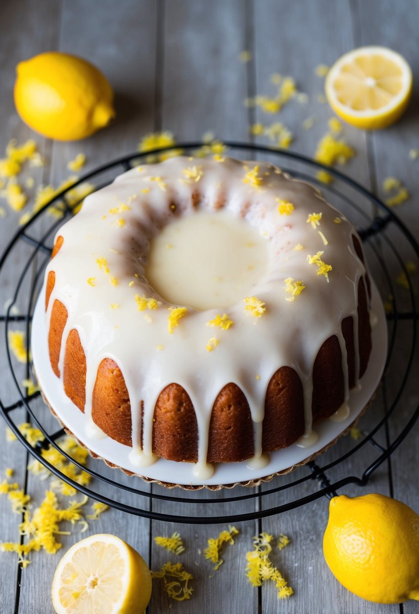 A freshly baked lemon drizzle cake cooling on a wire rack, surrounded by scattered lemon zest and a drizzle of glaze