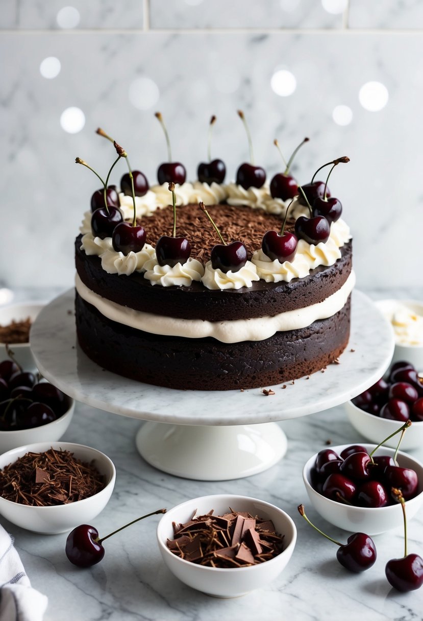 A rich Black Forest Gateau sits on a marble countertop, surrounded by bowls of cherries, chocolate shavings, and whipped cream