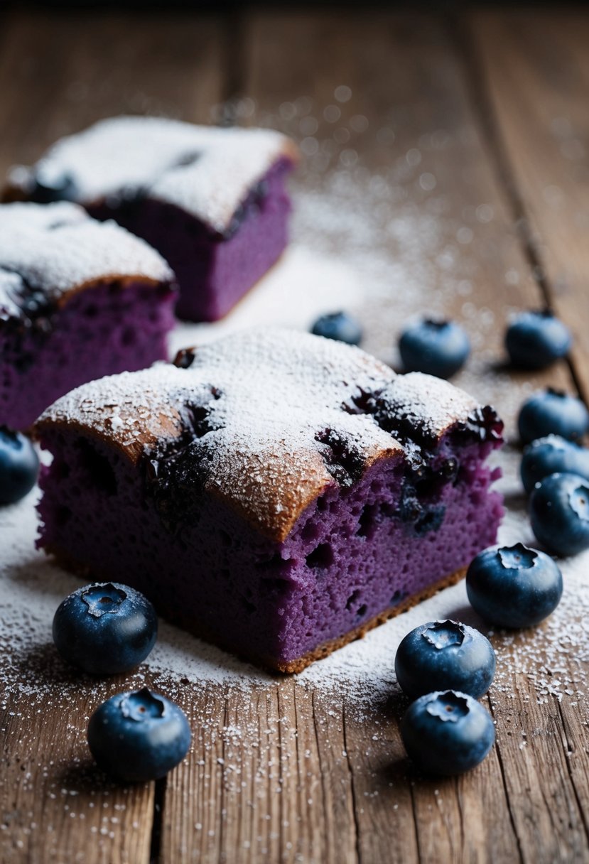 A blueberry coffee cake sits on a rustic wooden table, surrounded by fresh blueberries and a dusting of powdered sugar