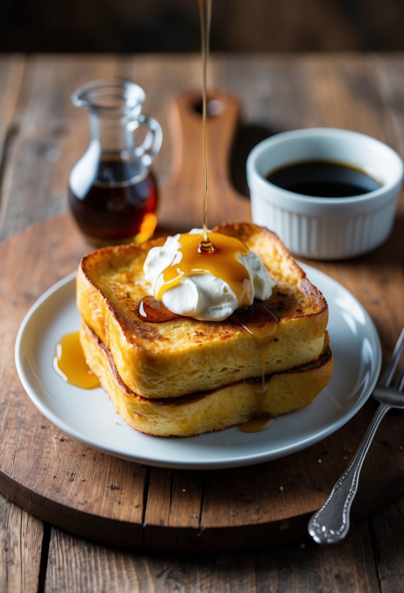 A golden-brown French toast casserole sits on a rustic wooden table, topped with a generous dollop of creamy, melted cream cheese and a drizzle of maple syrup