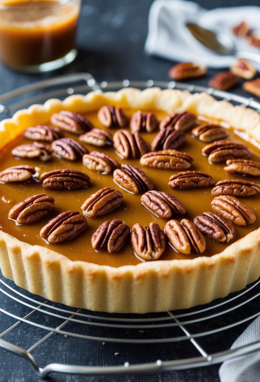 A golden caramel pecan tart cooling on a wire rack. Rich caramel oozes over a bed of toasted pecans, set in a flaky, buttery crust