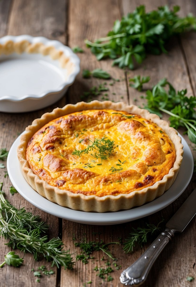 A golden-brown quiche Lorraine, fresh from the oven, sits on a rustic wooden table surrounded by a scattering of fresh herbs and a vintage pie dish