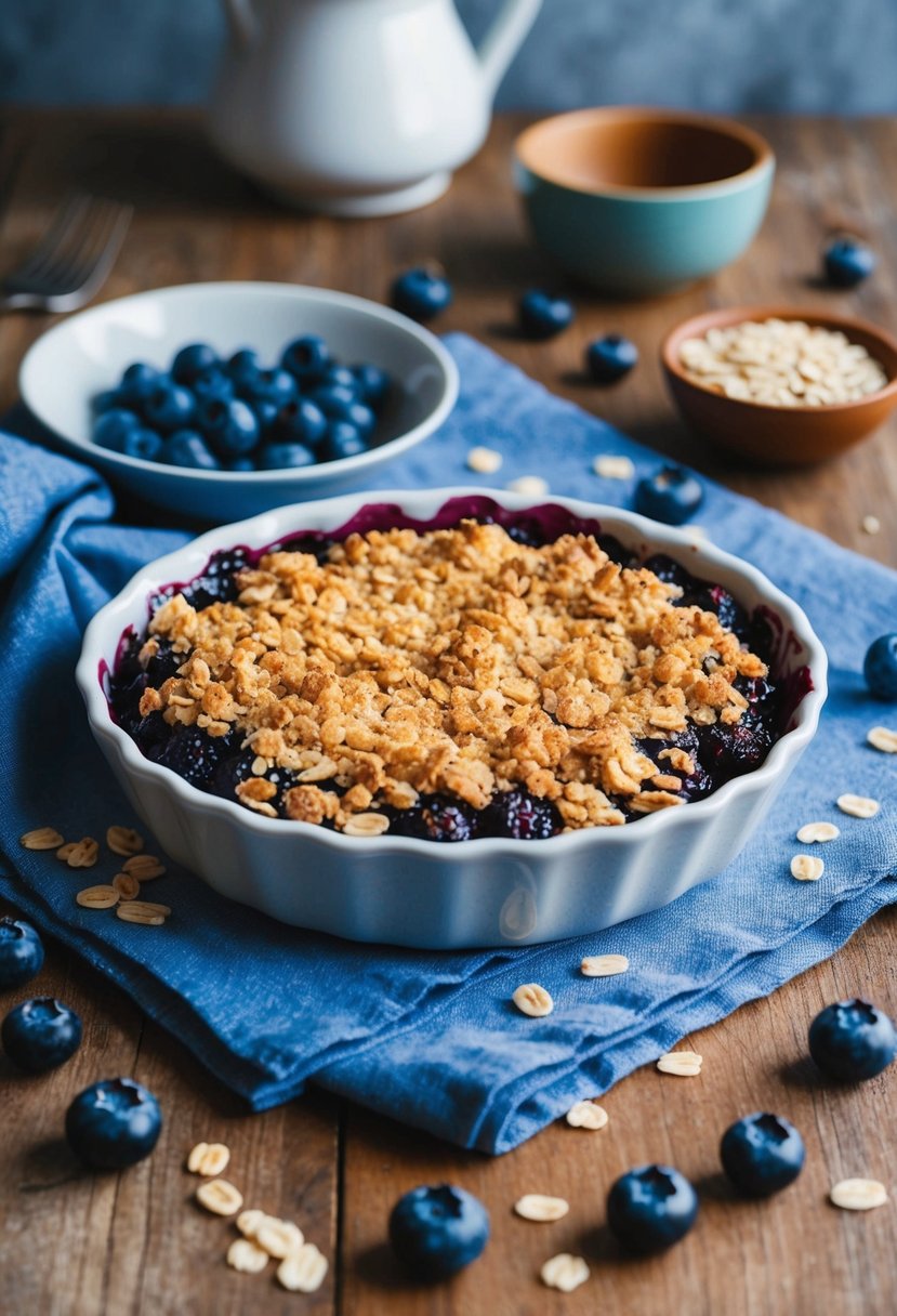 A rustic kitchen table with a freshly baked blueberry crisp, topped with golden brown oats and surrounded by scattered blueberries