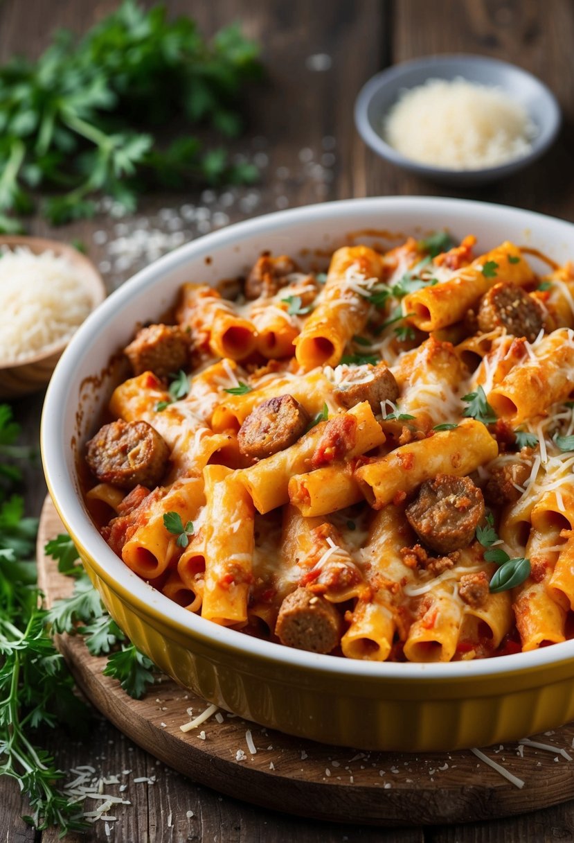 A bubbling dish of baked ziti with sausage sits on a rustic wooden table, surrounded by fresh herbs and a sprinkling of parmesan cheese